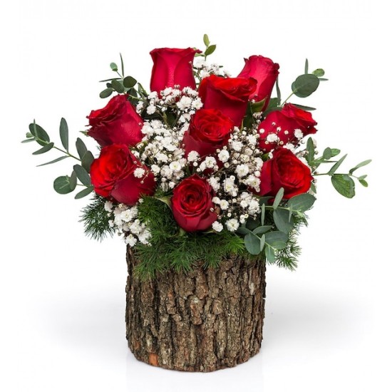 9 Red Rose Arrangement on Natural Wood Log