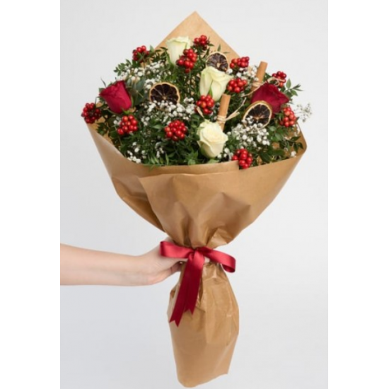 Red and White Roses and Coquina Flower in a Bouquet