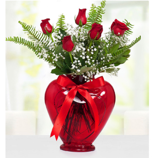 5 Roses in a Red Heart Vase