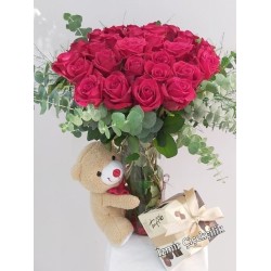 21 Roses Teddy Bears and Chocolate in a Vase